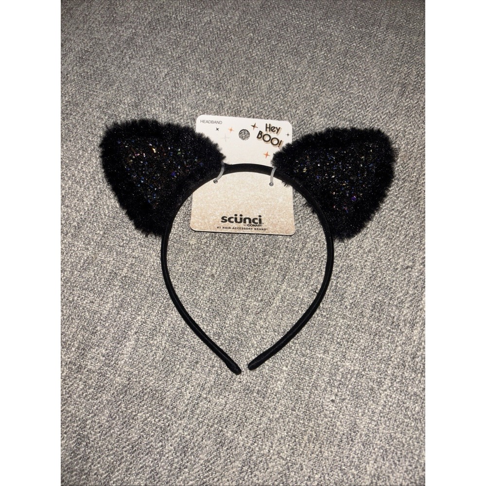 Scünci Cat Ears Trick or Treat Headband - 1 Piece Black Fur Glitter New Hey Boo